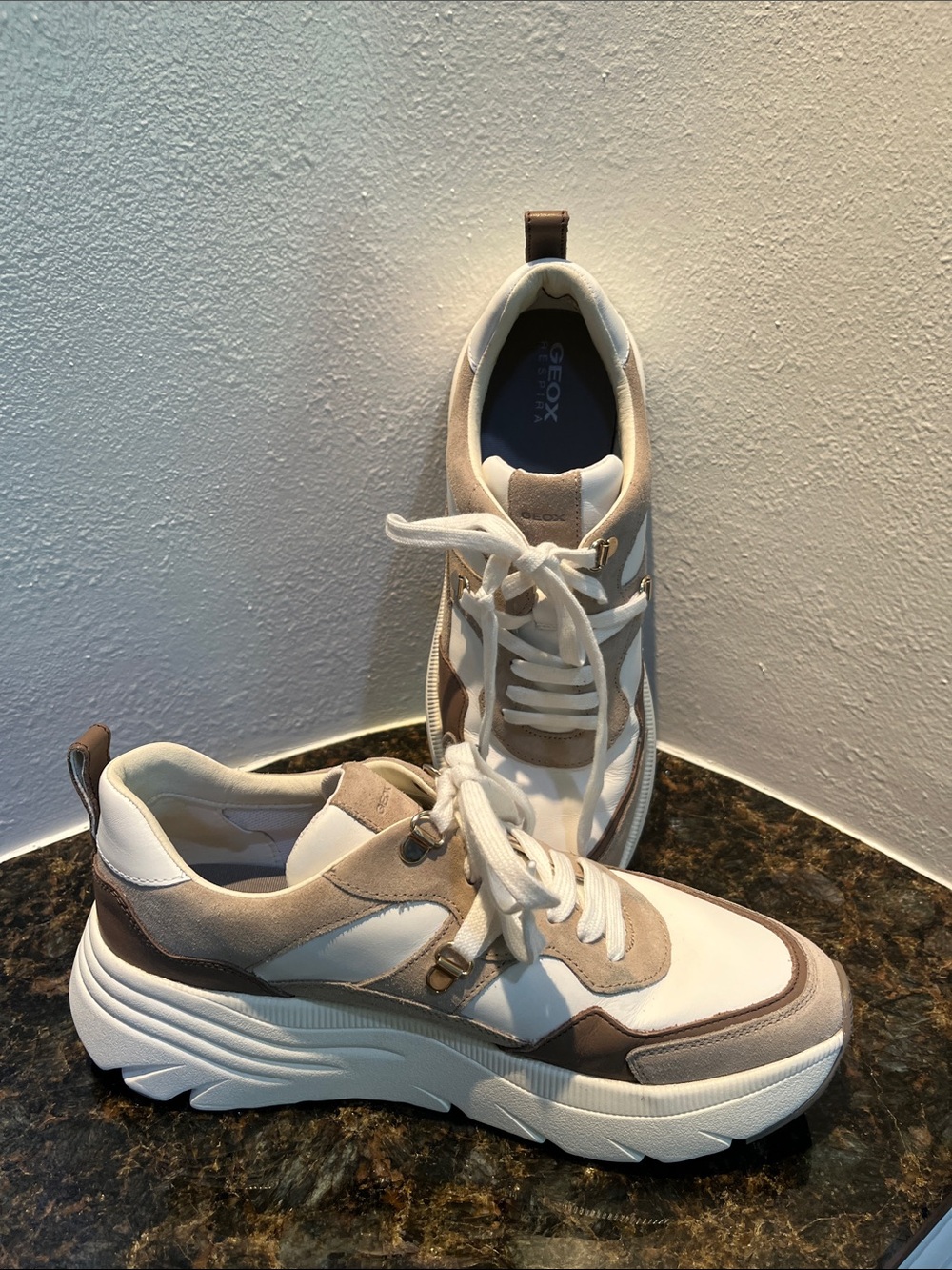 Geox Men’s White and Taupe Layered Sole Sneakers